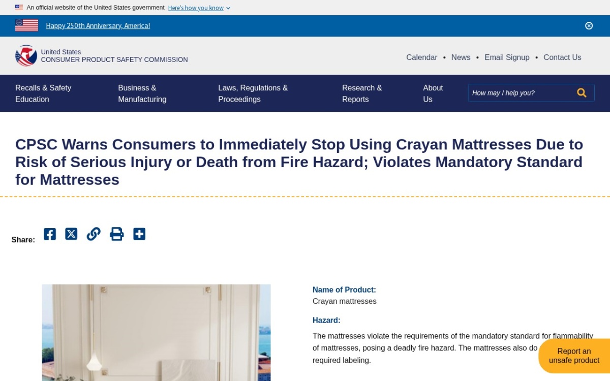 The CPSC warning page for Crayan mattresses, issued after the original recall was not honoured. Screenshot taken 16 September 2026.
